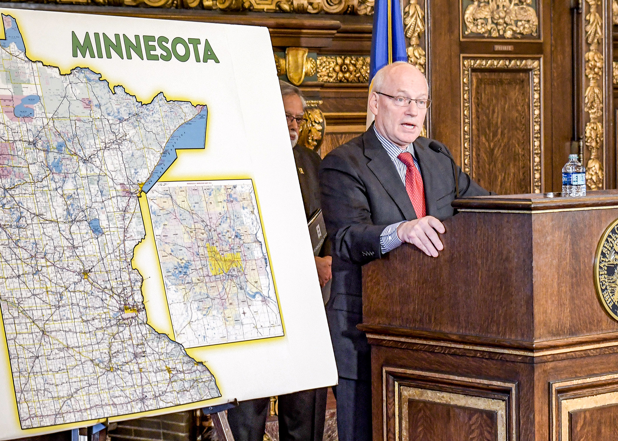 Minnesota Management and Budget Commissioner Myron Frans presents the Dayton administration’s $1.5 billion bonding proposal for the 2018 legislative session at a Tuesday news conference. Photo by Andrew VonBank